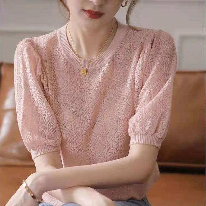 Summer Sexy Hollow Out Elegant Knitted Chic Pullover Loose Top Female Casual Solid Half Sleeve All-match Basic Tee T Shirt Women