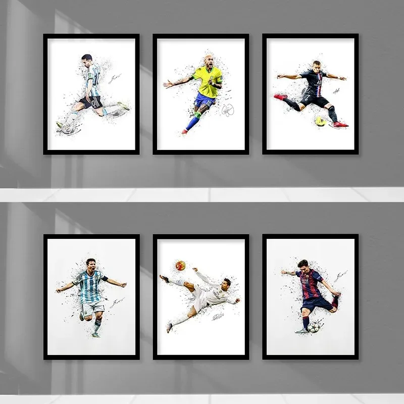 Abstract Watercolor Athlete Poster Print Lionel Messi Mbappé and Neymar Canvas Painting Wall Art for Living Room Home Decor