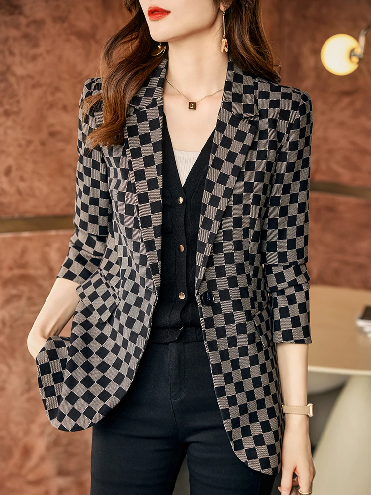 Fashion Women Casual Green Black Plaid Blazer Coat Female Long Sleeve Single Button Straight Jacket Ladies  Women Blazers