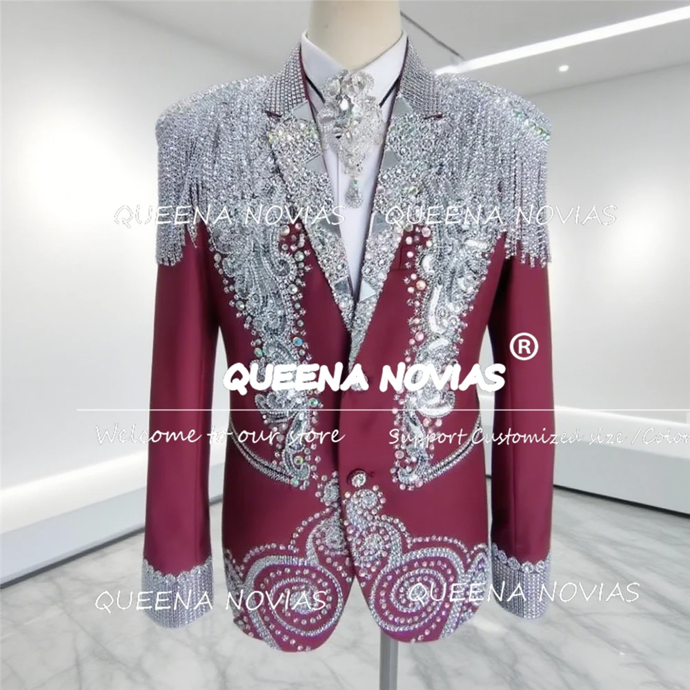 Sparkling Beaded Stones Suits Men 2 Pieces Sets Customized Single Breasted Groom Blazer With Pants Male Fashion Wedding Tuxedos