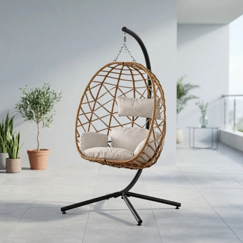 Wicker Rattan Patio Leisure Swing Seat with Cushions Outdoor Lounge Hanging Egg Chair with Stand for Poolside Backyard Terrace