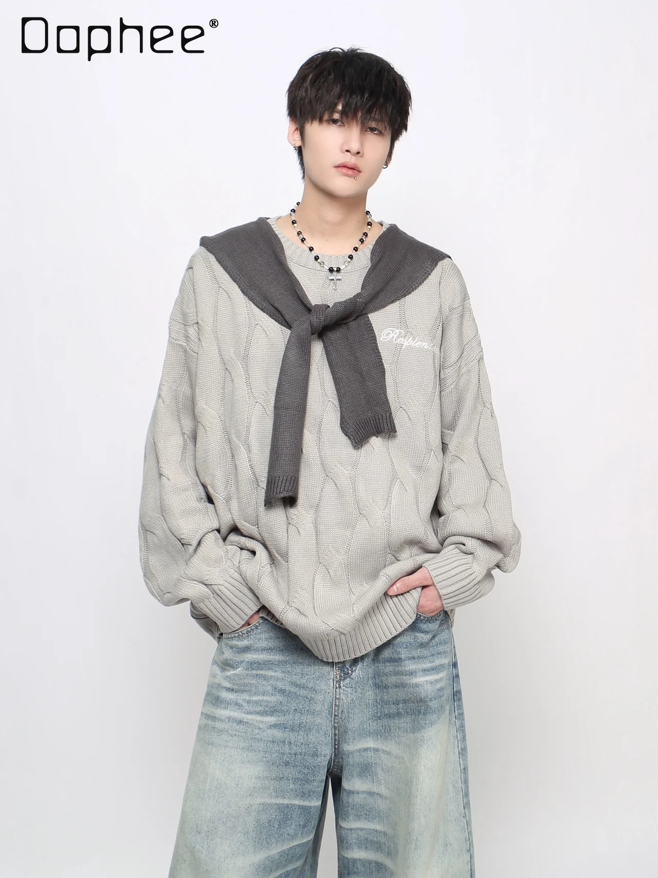 

2025 Autumn Winter American Style High-End Men's Gray Shawl Knitted Top Loose Retro Casual Couple Pink Crew Neck Sweater