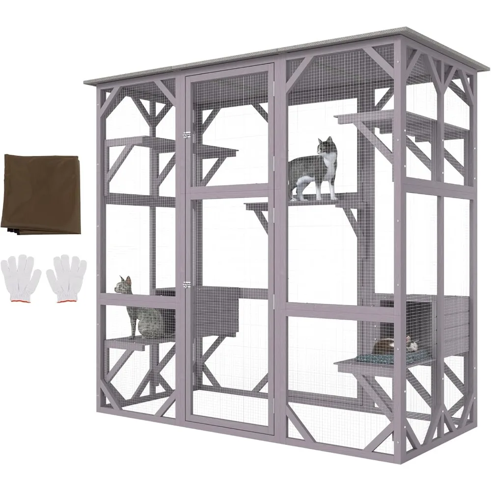 Kandang kucing Cage Catio luar ruangan/dalam ruangan kandang kucing, rumah kucing kayu dengan 5 Platform, Playpen hewan peliharaan 7 tingkat dengan 2 kotak beristirahat