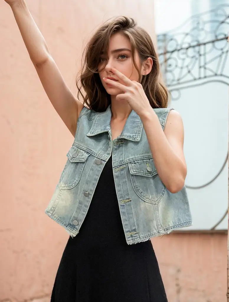 

Light Blue Streetwear Washed Short Denim Waistcoat Woman 2024 Summer Casual Sleeveless Jean Vest Tops Female
