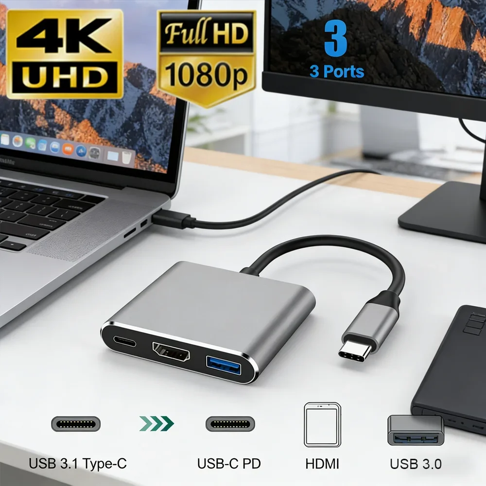 Type C To HD-compatible/ Usb 3.0/ Type C 3 in 1 4K 1080p Cable Converter Thunderbolt 3 Switch to HDMI-compatible Adapter Cable