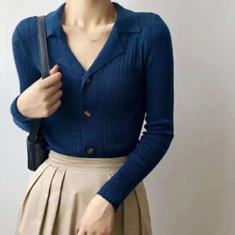 Autumn Winter Simplicity Turn-down Collar Cardigan Women Clothing Fashionable Buttons Solid Color Knitting Top Tee Ladies Tops