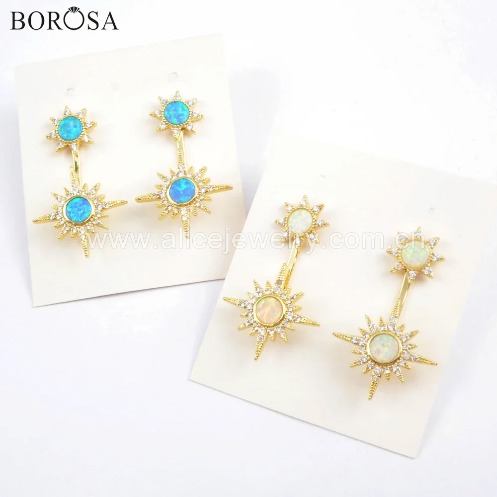 BOROSA 5Pairs Sun&Star Golden Plated Bezel CZ Micro Crystal Pave White and Blue Opal Druzy Manmade Opal Drop Earring Jewelry