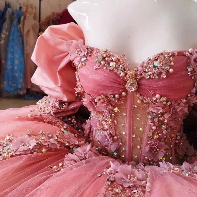 

Customized Shiny Pink Quinceanera Dresses Off the Shoulder crystal applique 3D flower Long tail Bow Vestido 15 Quinceanera