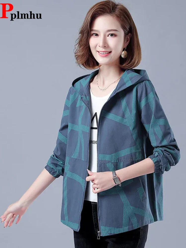 

Casual Hooded Women's Jackets Loose Oversized Mom's Outerwear Fashion Print Windproof Coats Spring Summer Thin Chaquetas