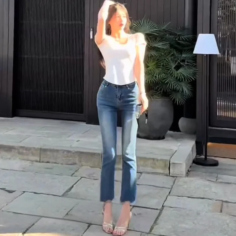 

Женские джинсы-скинни с высокой талией из эластичного хлопка, прямые, облегающие, повседневные, с застежкой-молнией, модель Bootcut