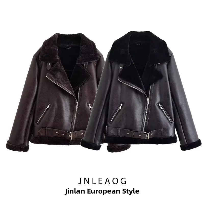 

Fashionable Motorcycle Style Integrated Leather And Fur Jacket Women's Autumn New Arrival Two-Tone Polyester Short Coat