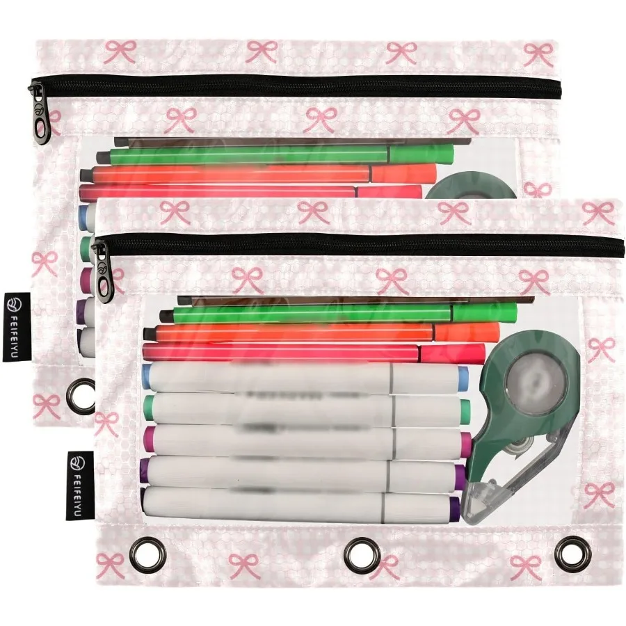 Peil-Beutel für 3 Ringbücher, rosa kariert und Schleifen, 2er-Pack, durchsichtige Peil-Beutel mit Reißverschluss