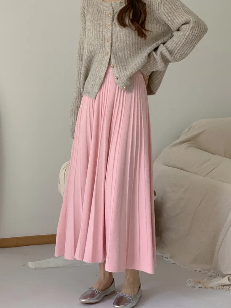 

High Waisted Women's Long Skirt Temperament A-line Pink Skirt Korean Fashion Knitted Soft Elastic Waist Skirts for Woman Z331