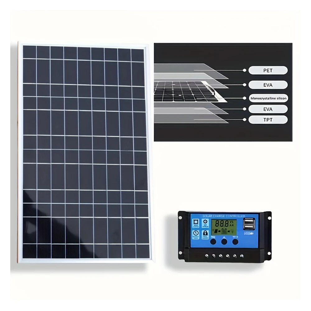 18V 10W Solar Panel Kit with 100A Controller, Portable Solar Charging and Intelligent Power Controller Kit for Outdoor Camping Travel RV Boat, 12V/24V Battery Regulator with LCD Display Dual USB Ports view 6