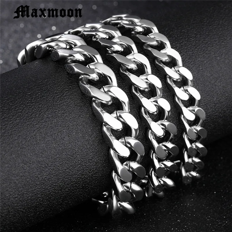 Maxmoon 남성용 광택 스테인리스 스틸 팔찌 체인, 실버 컬러, 블랙 골드 체인, 쿠바 링크, 3mm, 4mm, 6mm, 71mm 