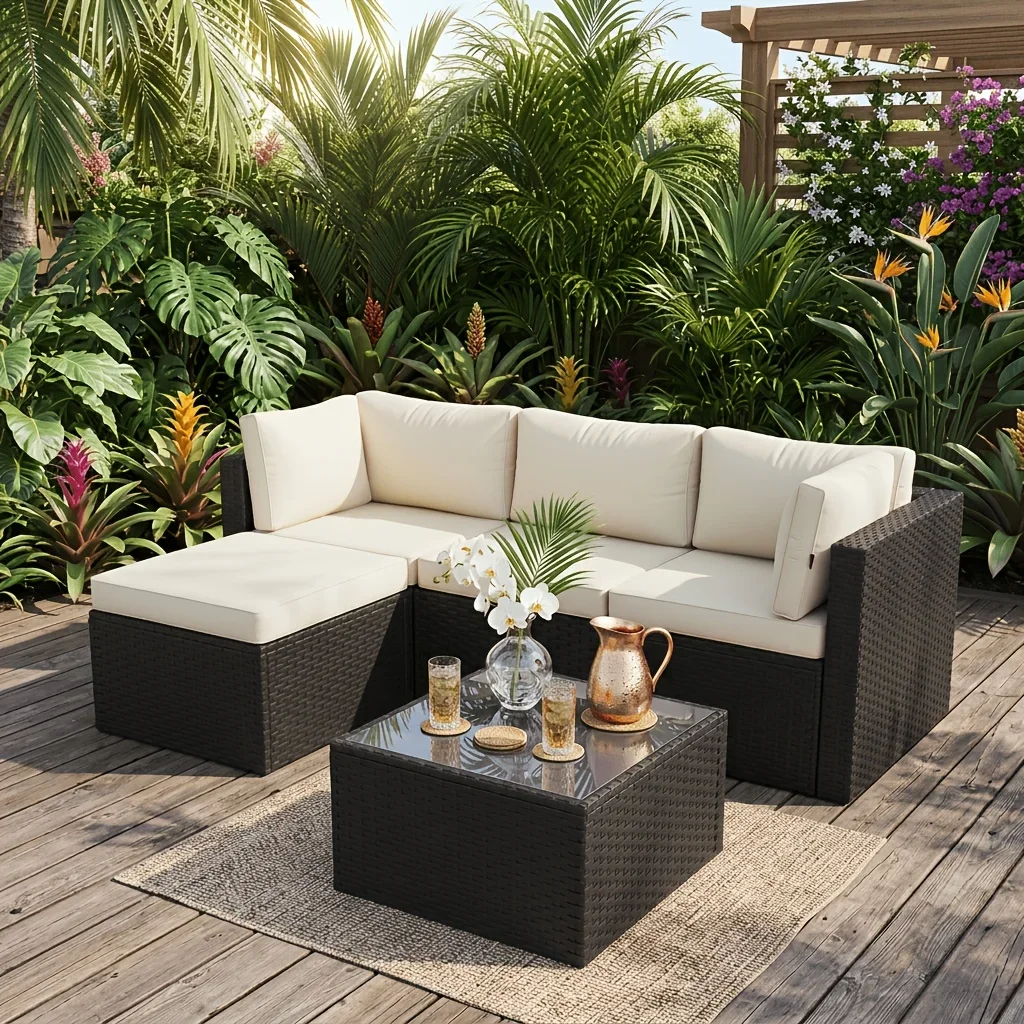 Aliexpress Discount! 5/6pcs L-Shaped Rattan Patio Sofa Set with Cushions, Glass Coffee Table & Ottoman, Perfect for Patio, Backyard, Garden, Balcony, Terrace, Poolside, Porch, Villa Outdoor Areas, Homestays, And Restaurant Outdoor Lounges - Aliexpress Deal
