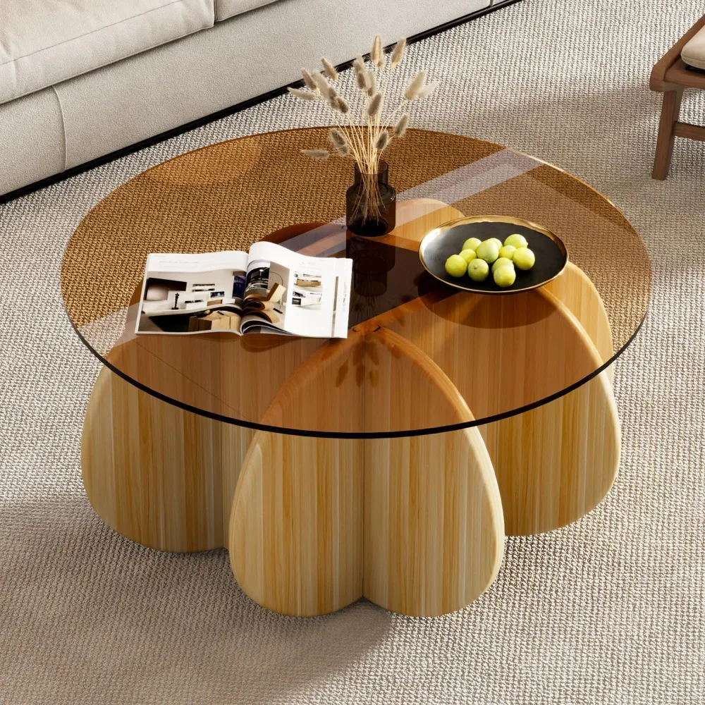 

Round Coffee Table with Tempered Glass Top, Modern Center Table for Small Spaces - Sturdy Walnut Board Frame, Simple Design