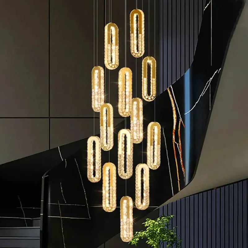 luxo moderno luzes pingente de cristal decoracao para casa high rise villa escada sala estar lustre teto dourado luz led 01