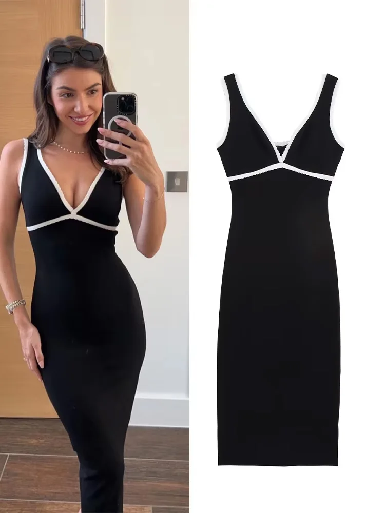 HH Donna Chic Decorazione a contrasto Abito Moda Estate Donna Scollo a V Senza maniche Backless Midi Collant Abito lavorato a maglia Mujer