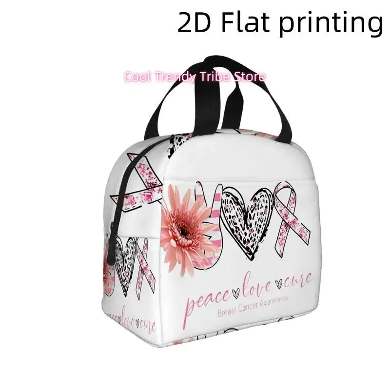 1pc, Design Promoting Peace, Love, And Breast Cancer Awareness. Printed Insulated Cooler Bag - a Reusable Portable Bag for Hot A