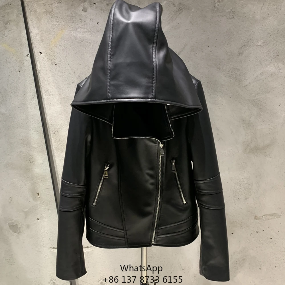 

Черная кожаная куртка-бомбер из натуральной овечьей кожи, модель 2025 года, с капюшоном, для женщин