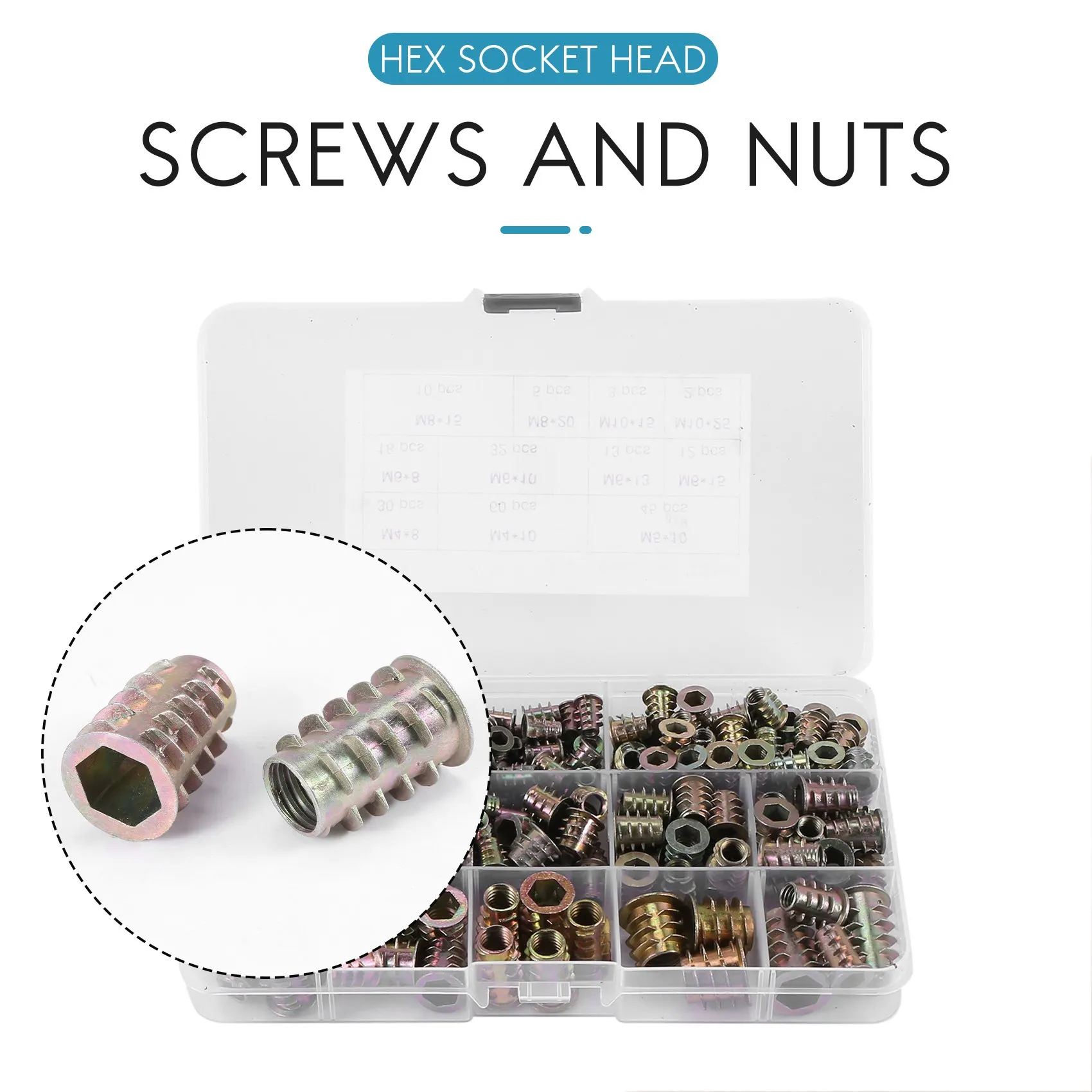 

Набор AA49 из 230 винтовых гаек M4/M5/M6/M8/M10, цинковый сплав, шестигранные гайки, резьбовые вставки, гайки для дерева, для деревянной мебели