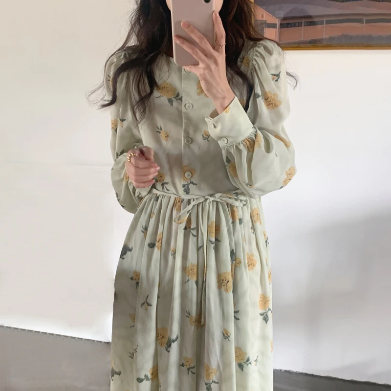 Snordic Women Sweet Floral Long Chiffon Dress with Belt 2022 Spring Summer Round Collar High Waist Slim Dresses Female