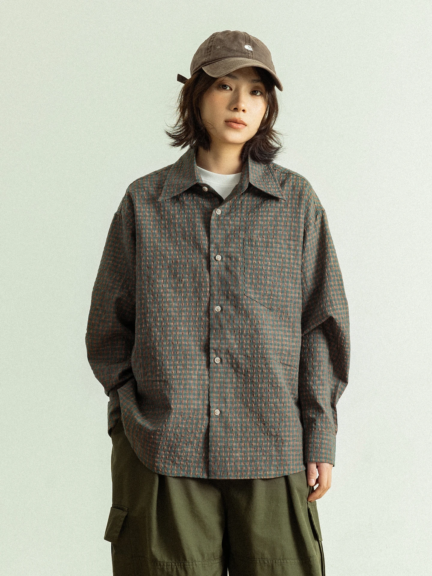 

GoodNorth Retro Japanese Sle Plaid Long Sve Bubble irt Casual Loose Fit Men's Women's Spring irt Polyester Fiber