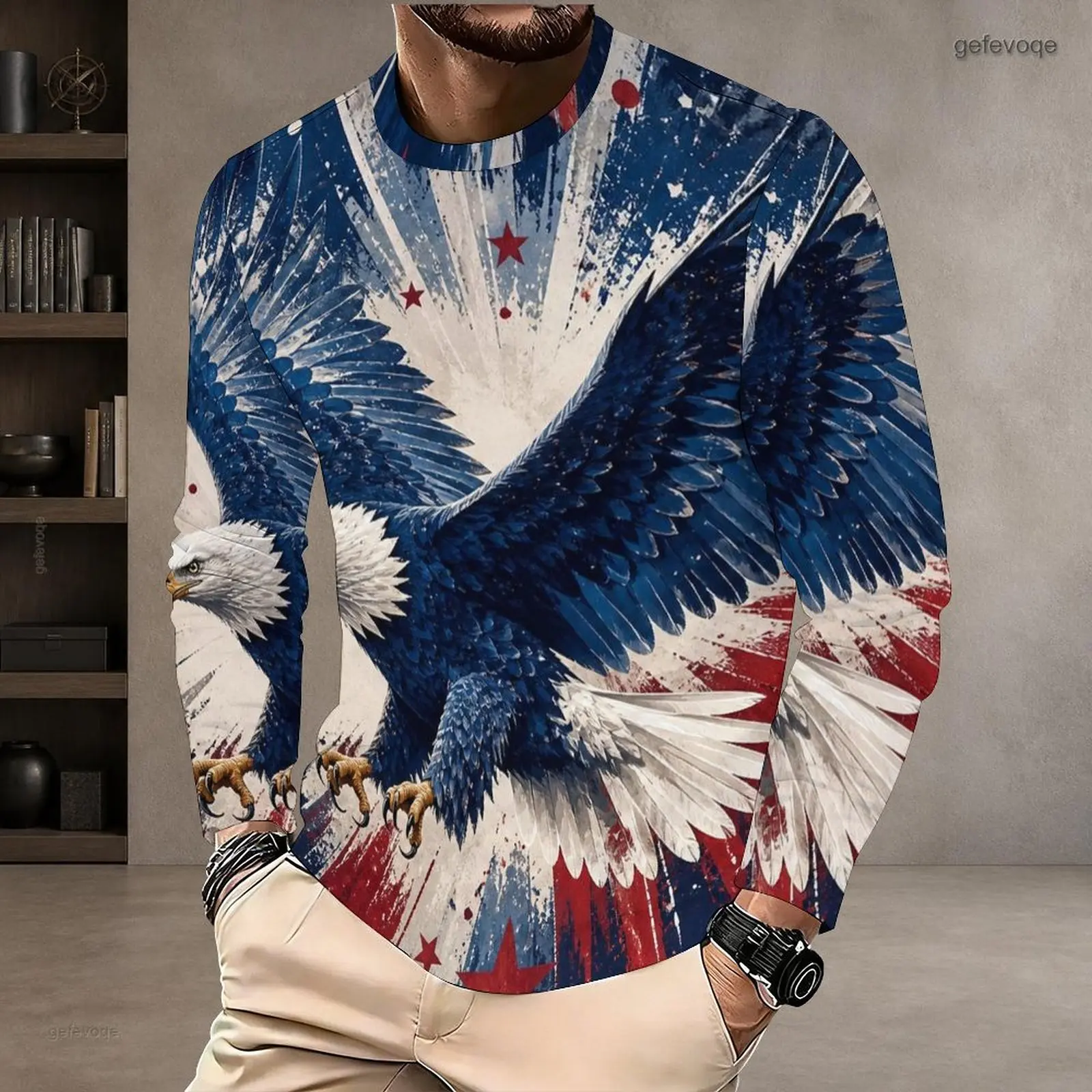 Men Round Neck Long Sleeve T-Shirt, Printed Bald Eagle US Flag Pattern Pullover Top