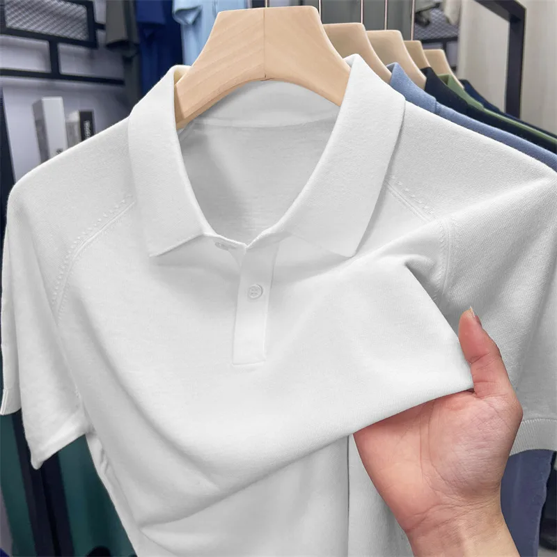 T-shirt da uomo in seta di gelso 2025 Polo estiva classica in maglia Lyocell Top a maniche corte Maglieria da uomo in cotone di seta sottile e traspirante