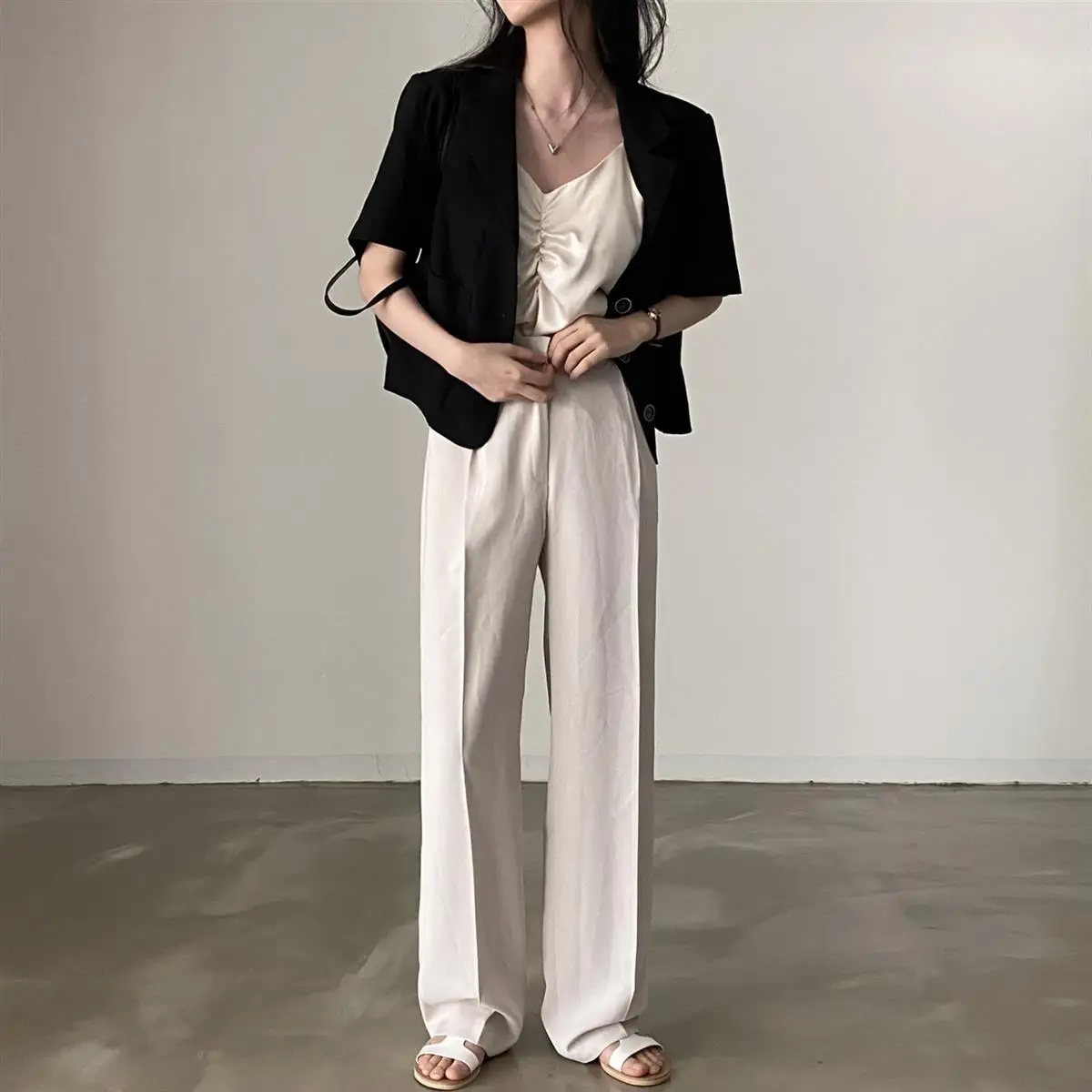 

Women'S Cropped Coat New In External Clothes Crop Blazer Woman Work Fall Striped Pocket Decoration Double Oversize Student