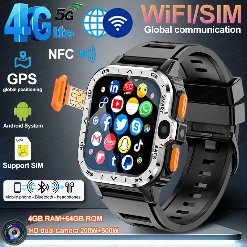 New Android GPS Smart Watch 4G/64G ROM Storage HD Dual Camera NFC Watch 2G 4G SIM Card Global WIFI Wireless Fast Internet Access 