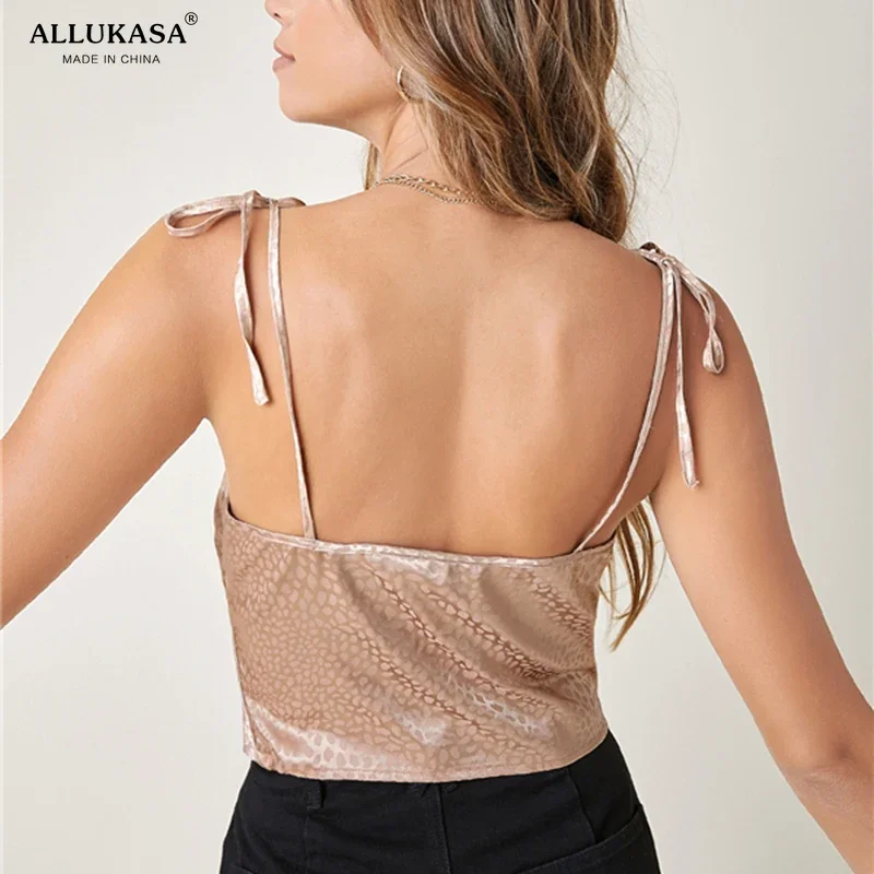 Allukasa Pink Tie Shoulder Draped Front Dalmatian Jacquard Satin Women Ladies Cute Glamorous Camis and Tops