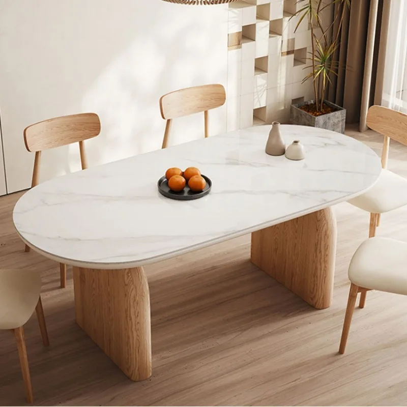 #Modern Cream Style Wooden Dining Set Nordic Oval Sintered Stone Table for Small Household Living Space 6-Seater Eco-Friendly