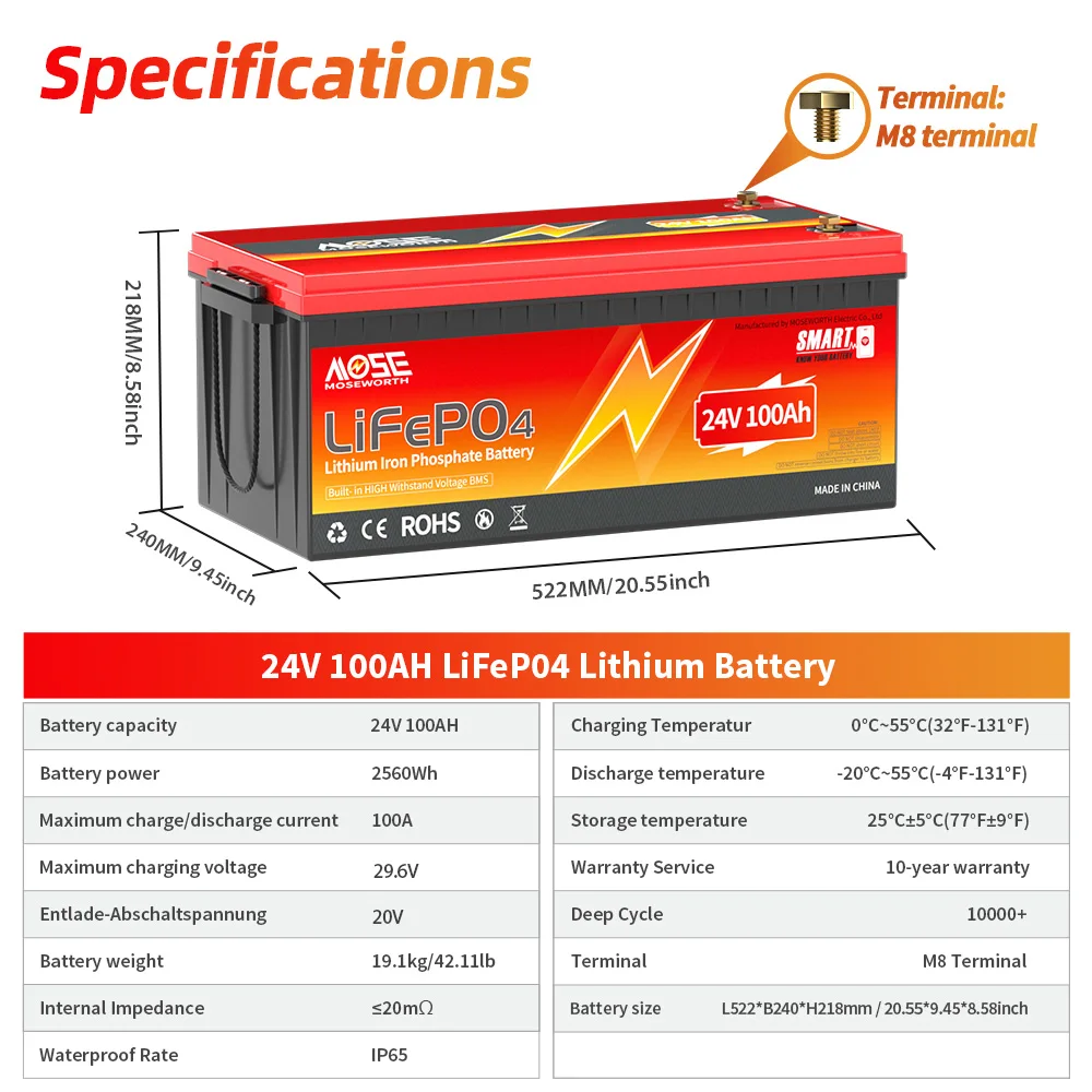 MOSEWORTH 24V 100Ah LiFePO4-Akku Lithium-Eisenphosphat-Batterien Eingebautes Bluetooth BMS 8000+ Zyklen für Solarboote – Detail 8