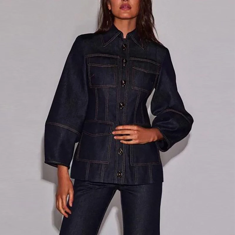 

Новинка 2023 года, осенняя винтажная джинсовая куртка для женщин, модная женская джинсовая верхняя одежда с карманами и длинными рукавами для отдыха, одежда для женщин