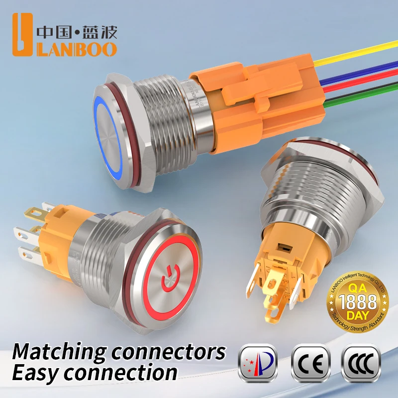 LANBOO LB19A chrome/aluminum oxide black button switch. Momentary or Latching options available. Voltage: 9-24V / 220V