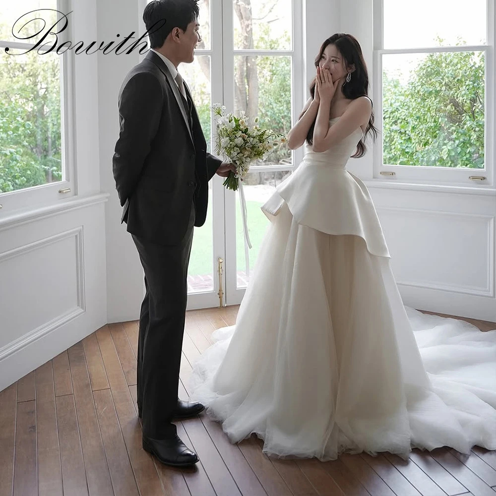 

Bowith Patchwork Korean Wedding Dresses Customized A-line Elegant Bridal Gown Strapless Chapel Train Wedding Dresses