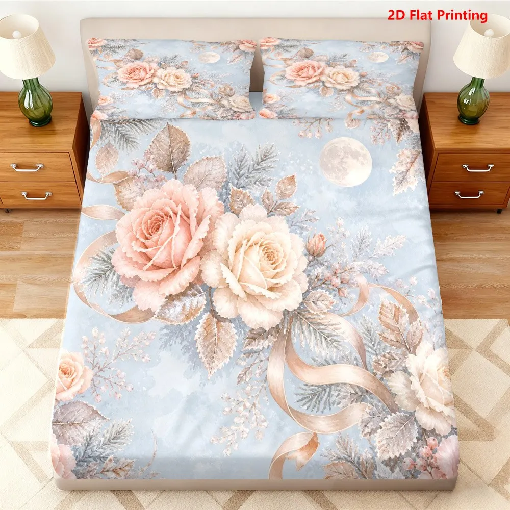 Winter Floral Moonlight Bedding Set Bedding Sets Full Mattress Protector Breathable Polyester Material (Includes 1 Fitted Sheet + 2 Pillowcases) Mattress Protector Fitted Sheet Style Protective Cover Mattress Protector, Fitted Sheet Style Bedding Christmas Themed Bedding Baby Bedding Suitable for Nursery Room