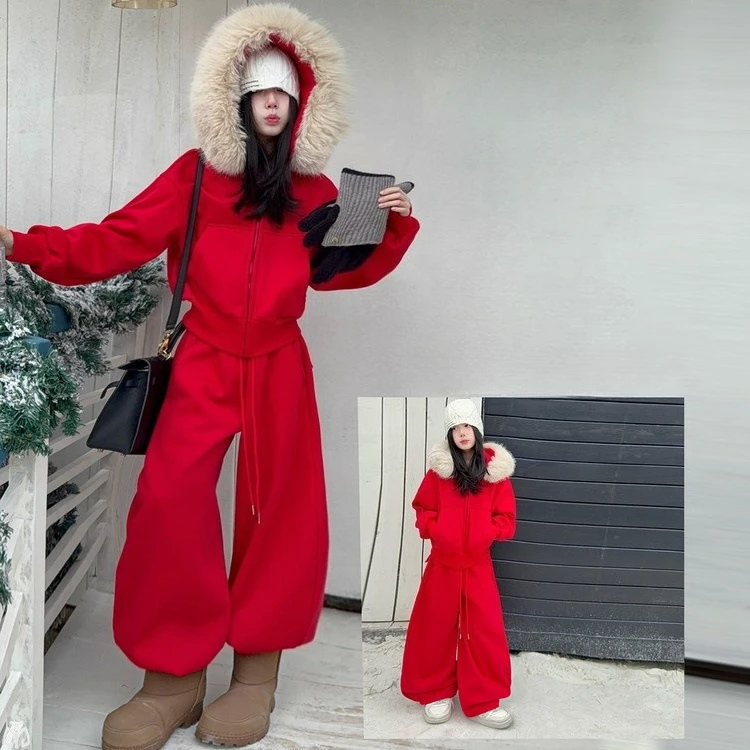 

new years 4-14 red teen girls sport clothes set Big fur collar Velvet Hoodie+sweatpants 2pcs junior kid sportswear child outfits