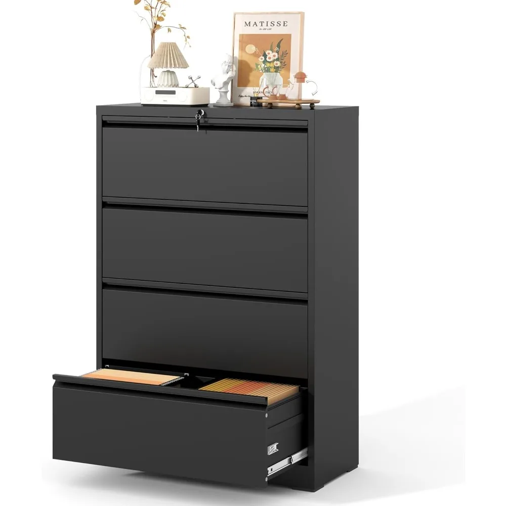 

4 Drawer Lateral File Cabinet with Lock, Metal Lateral Filing Cabinet for Home Office, Steel Wide Horizontal Filing Cabinets for