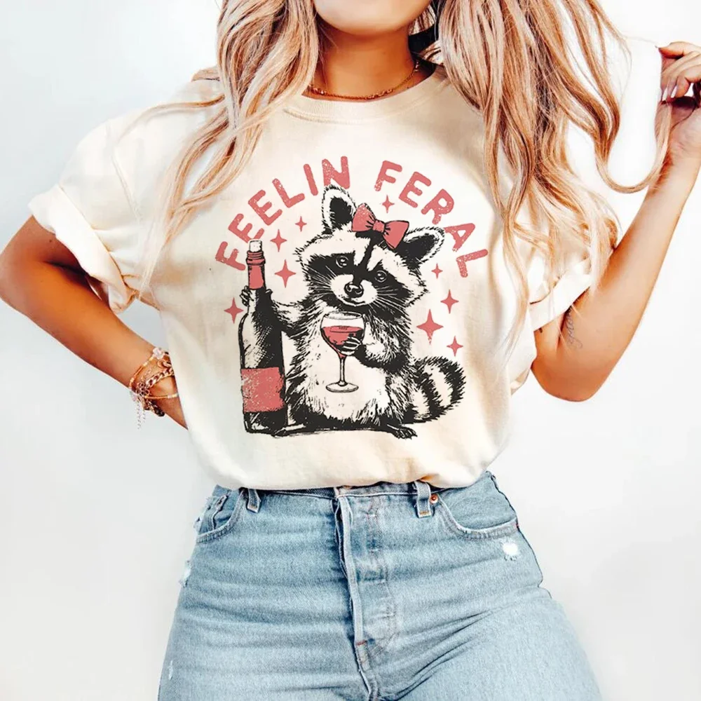 

Pattern T-Shirt Summer Fashion O-Neck T-Shirt Top Watercolor Style Cute Raccoon Printed Short Sleeve Women's Plus Size T-Shirt
