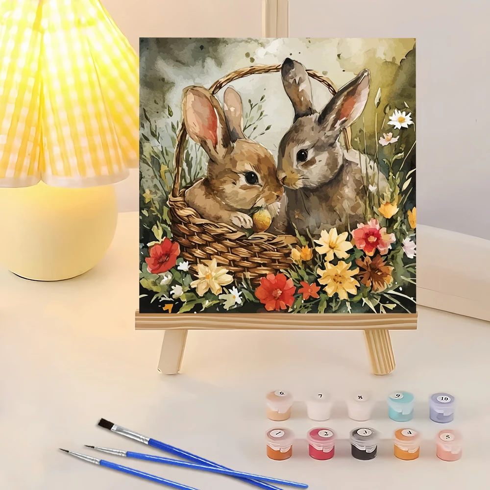 Huacan DIY Digitales Ölgemälde, Kaninchen-Malerei nach Zahlen, Tier-Korb-Blumen-Bild, Kunsthandwerk auf Leinwand, Handgemaltes Geschenk