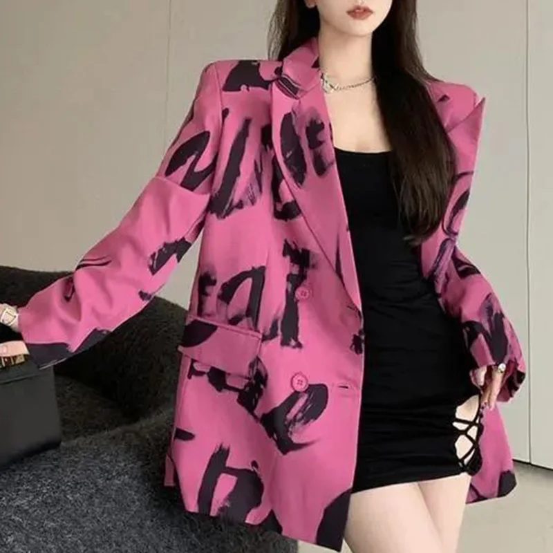 Fashion Lapel Spliced Pockets Printed Casual Blazer Female Clothing Autumn New Korean Tops Loose Commute Blazers