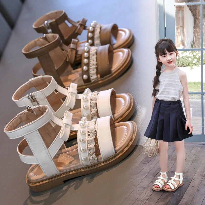 

Children's Sandals Summer Girls' Roman Sandals Fashion Lace Pearl Girl's Princess Sandals Soft Sole Non Slip Casual Beach Shoes