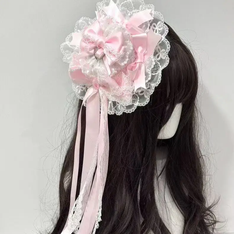 Gorgeous Doll Lace Bow Water Color Pink MiniTop Hat Lace Headband Girl Women's Sweet Cosplay Headwear Lolita Headgear