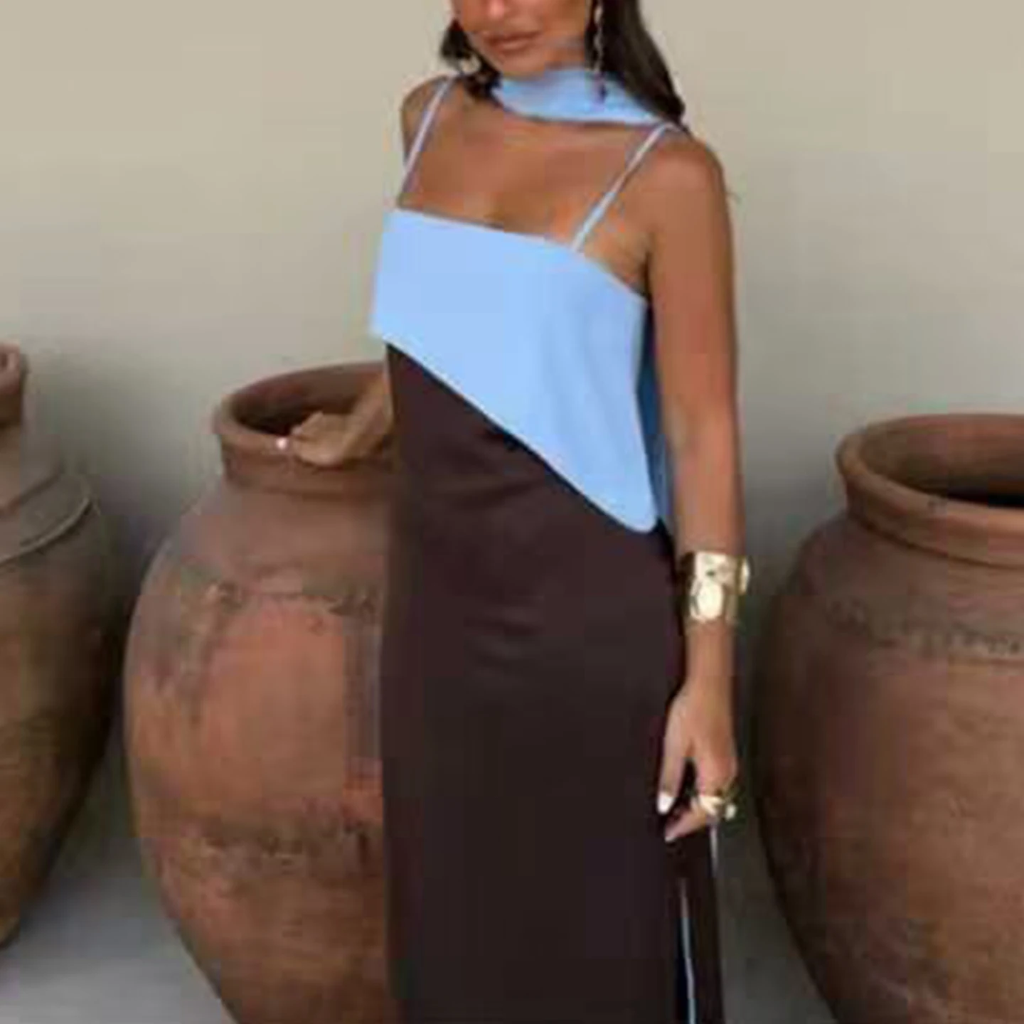 Summer 2026 Women's Loose Casual Color Block Personality Strap Dress Fashionable Individuality Drifting Belt Dress