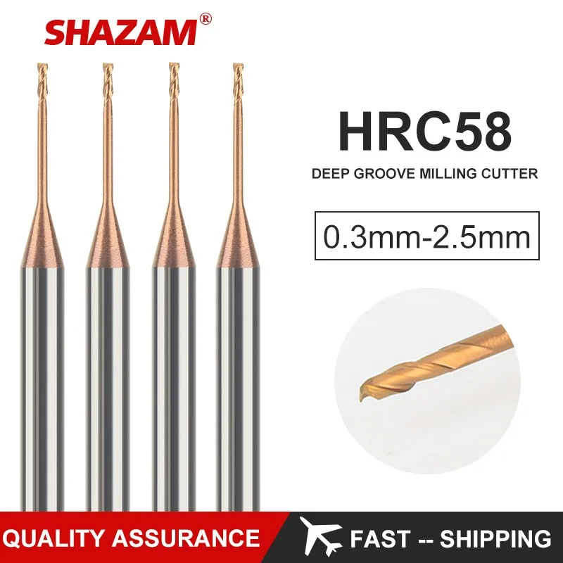 SHAZAM HRC58 2-Flute Tungsten Steel Carbide Steel Coating Flat Bottom Deep Groove Milling Cutter CNC Machinery Endmill Tools