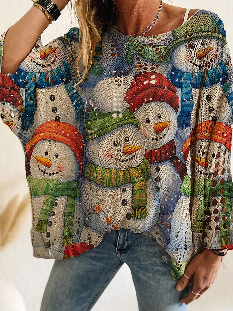 

Женский свободный свитер с круглым вырезом и рукавами «летучая мышь», новый повседневный вязаный крючком праздничный свитер, осенне-рождественский полый вязаный свитер с принтом