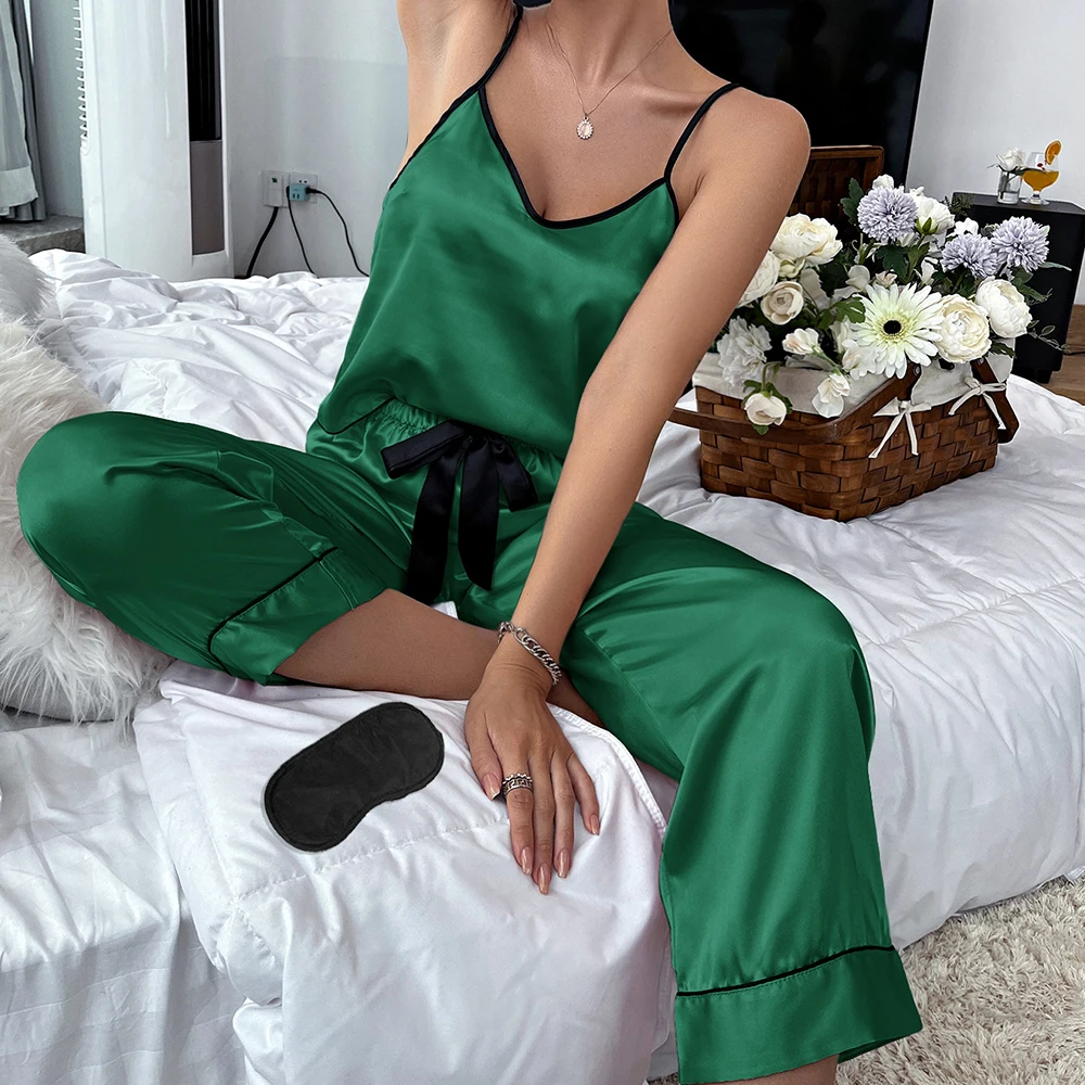 

Women Sexy Satin Strap Top&Pant Pijamas Set Silk Satin Sleepwear Homewear V-Neck Sleeveless Nightwear Intimate Lingerie Pyjamas